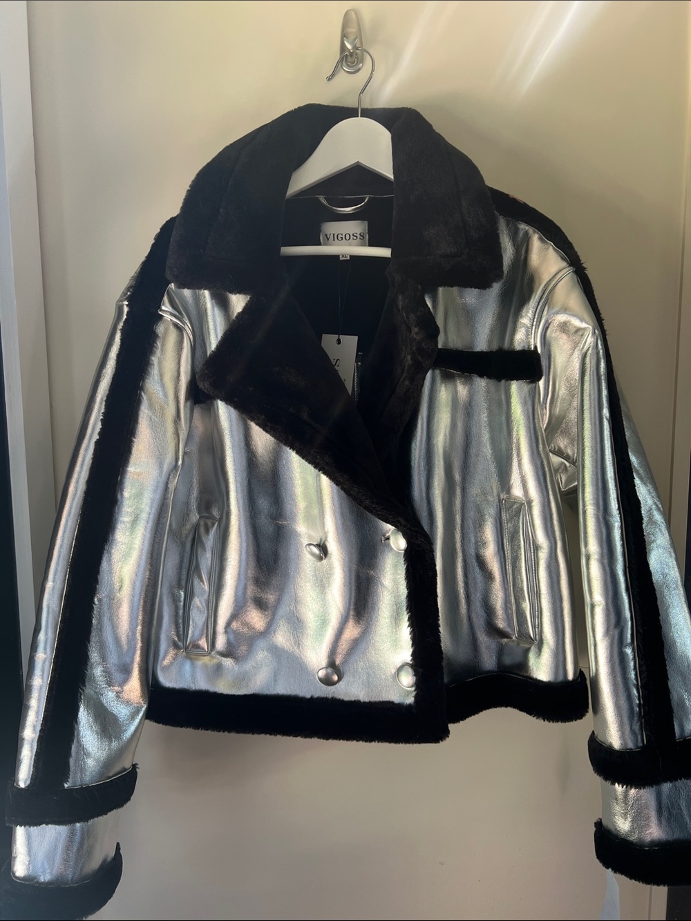 Vigoss Metallic Silver Faux-Leather Shearling Jacket with Black Trim